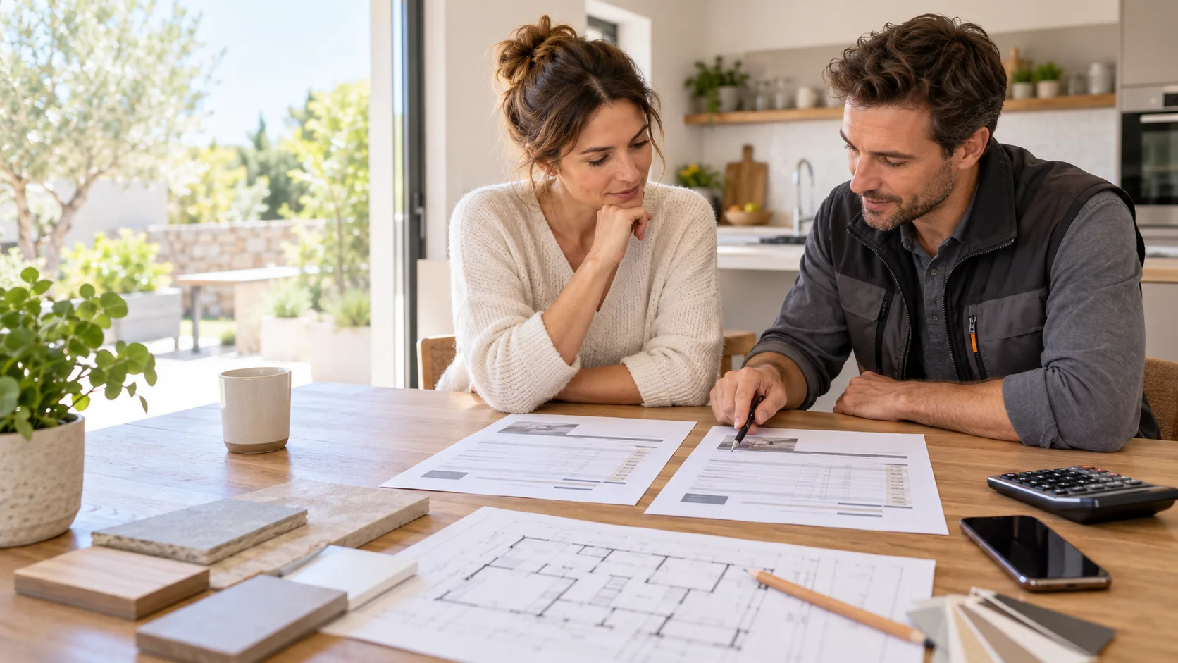 Un couple examine deux devis de rénovation avec un professionnel à une table